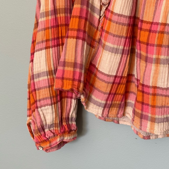 Free People Plaid Seina Blouse Smocked Square Neck Retro Peasant Top NWT - Picture 8 of 11